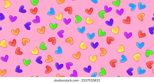 Pink glaze with rainbow heart shape sprinkles as a seamless pattern. Cute party bg with confetti. Ice cream and bakery topping. Holiday vector illustration
