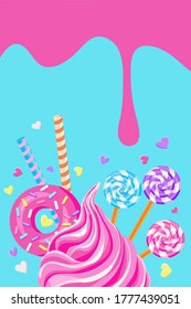 pink glaze and sweet pink fairy cupcake with pink donut, waffle, lollypops and sprinkles on blue background. vector illustration