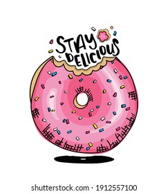 Pink glazed donut, doughnut with sprinkles one bite missing