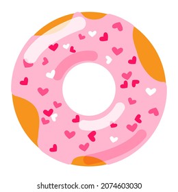 Pink glazed Donut with hearts icing vector illustration. Sweet pastry flat image.  Junk food dessert. Design for print, card, menu, sticker, add, packaging.