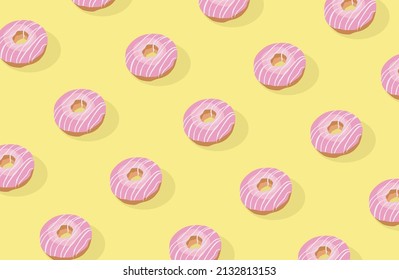 rosafarbene, verglasete Donut auf gelbem Hintergrund. Kreatives Konzept. Vektorgrafik