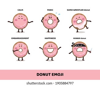 Pink glazed donuts. Funny flat simple kid's emoji stickers, characters, banner, mascots. Emoji collection. Fast food cartoon characters. Doughnut bundle