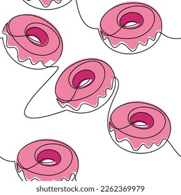 Pink glazed doughnut icon seamless pattern. One line continuous drawing vector. Bakery shop backdrop. Linear wallpaper, cartoon background, print, wrapping paper, package design, card, banner.