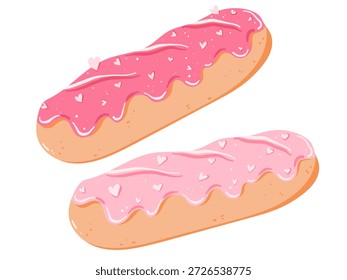 Rosa Esmaltado Eclair con corazones. Ilustración vectorial de postre