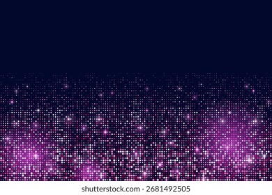 Fundo brilhante rosa com luz de brilhos e lantejoulas. Padrão de confete rosa sobre fundo preto. Vetor brilha com partículas caindo. Brilhante borda brilhante para decoração de aniversário.