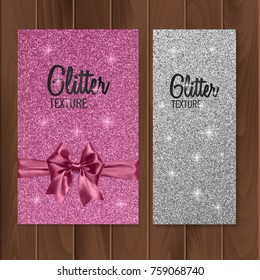 Pink, glitter background with realistic bow. Vector illustration