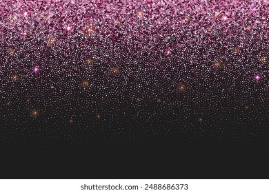 Pink glitter background with rose gold sparkles. Vector with falling sequins and confetti. Shimmer texture with shine dust. Abstract glow border on dark backdrop. Festive glamour banner