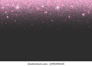 Pink glitter background with rose sparkles and confetti. Falling sequins shimmer textured effect. Shiny dust with bright particles on black backdrop. Vector abstract decoration, holiday design border.