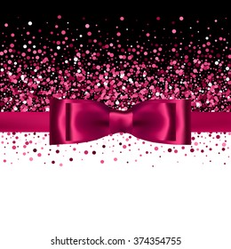 Pink glitter background with silk bow and ribbon