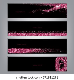 Pink glitter banner set. Magenta glitter banner set. Fuchsia tinsel shiny backdrops. Luxury black template. Vector