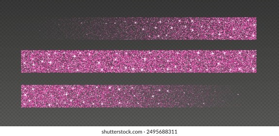 Pink glitter brush strokes, shimmer spray effect, luxury shimmery particles, festive holiday sparkles, shiny star dust lines isolated on a dark background. Christmas decoration. Vector illustration.