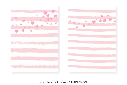 Pink glitter cards with dots and sequins. Wedding and bridal shower invitation set with confetti. Vertical stripes background. Luxury pink glitter cards for party, event, save the date flyer.