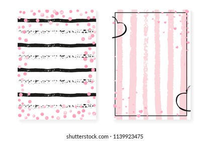 Pink glitter cards with dots and sequins. Wedding and bridal shower invitation set with confetti. Vertical stripes background. Tender pink glitter cards for party, event, save the date flyer.