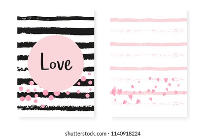 Pink glitter cards with dots and sequins. Wedding and bridal shower invitation set with confetti. Vertical stripes background. Luxury pink glitter cards for party, event, save the date flyer.