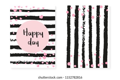 Pink glitter cards with dots and sequins. Wedding and bridal shower invitation set with confetti. Vertical stripes background. Fashion pink glitter cards for party, event, save the date flyer.