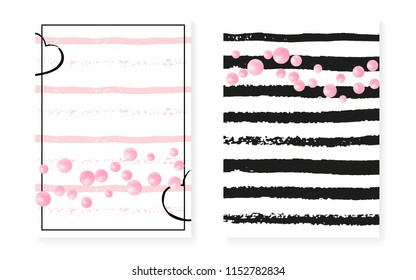 Pink glitter cards with dots and sequins. Wedding and bridal shower invitation set with confetti. Vertical stripes background. Stylish pink glitter cards for party, event, save the date flyer.