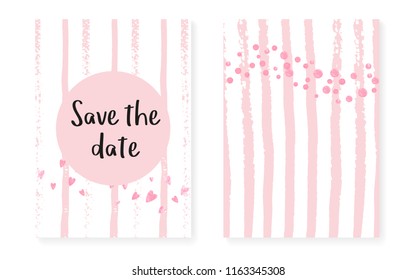 Pink glitter cards with dots and sequins. Wedding and bridal shower invitation set with confetti. Vertical stripes background. Trendy pink glitter cards for party, event, save the date flyer.