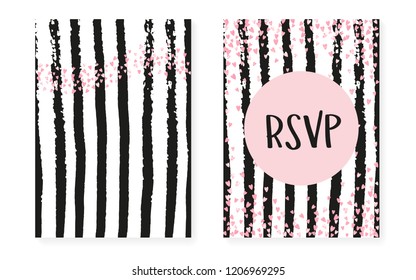 Pink glitter cards with dots and sequins. Wedding and bridal shower invitation set with confetti. Vertical stripes background. Hipster pink glitter cards for party, event, save the date flyer.