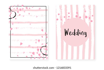 Pink glitter cards with dots and sequins. Wedding and bridal shower invitation set with confetti. Vertical stripes background. Hipster pink glitter cards for party, event, save the date flyer.