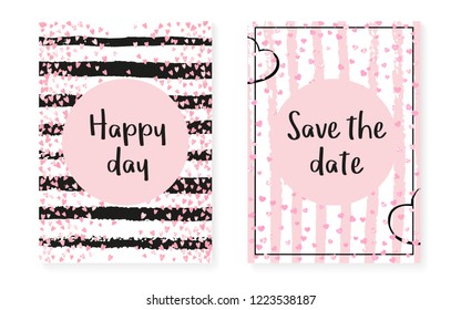 Pink glitter cards with dots and sequins. Wedding and bridal shower invitation set with confetti. Vertical stripes background. Creative pink glitter cards for party, event, save the date flyer.
