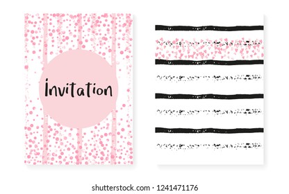 Pink glitter cards with dots and sequins. Wedding and bridal shower invitation set with confetti. Vertical stripes background. Luxury pink glitter cards for party, event, save the date flyer.