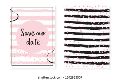 Pink glitter cards with dots and sequins. Wedding and bridal shower invitation set with confetti. Vertical stripes background. Elegant pink glitter cards for party, event, save the date flyer.