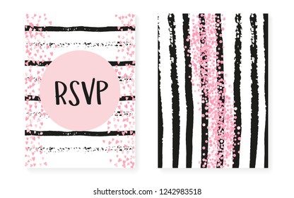 Pink glitter cards with dots and sequins. Wedding and bridal shower invitation set with confetti. Vertical stripes background. Retro pink glitter cards for party, event, save the date flyer.