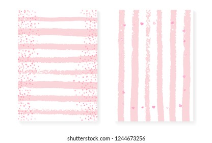 Pink glitter cards with dots and sequins. Wedding and bridal shower invitation set with confetti. Vertical stripes background. Retro pink glitter cards for party, event, save the date flyer.
