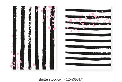 Pink glitter cards with dots and sequins. Wedding and bridal shower invitation set with confetti. Vertical stripes background. Luxury pink glitter cards for party, event, save the date flyer.