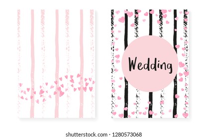Pink glitter cards with dots and sequins. Wedding and bridal shower invitation set with confetti. Vertical stripes background. Stylish pink glitter cards for party, event, save the date flyer.