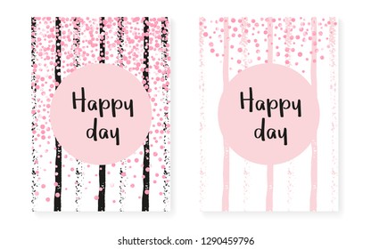 Pink glitter cards with dots and sequins. Wedding and bridal shower invitation set with confetti. Vertical stripes background. Tender pink glitter cards for party, event, save the date flyer.