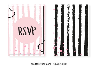 Pink glitter cards with dots and sequins. Wedding and bridal shower invitation set with confetti. Vertical stripes background. Hipster pink glitter cards for party, event, save the date flyer.