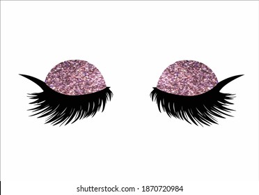 pink glitter Closed eyes lashes with decorative lettering hand drawn Long black illustration. Beautiful Eyelashes isolated on white. For beauty salon, lash extensions maker. Golden glitter