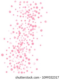 Pink glitter confetti with dots on isolated backdrop. Falling sequins with glossy sparkles. Design with pink glitter confetti for party invitation, banner, greeting card, bridal shower.