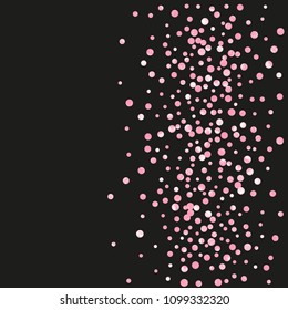 Pink glitter confetti with dots on isolated backdrop. Falling sequins with metallic shimmer. Design with pink glitter confetti for greeting card, bridal shower and save the date invite.