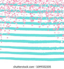 Pink glitter confetti with dots on turquoise stripes. Shiny random falling sequins with sparkles. Template with pink glitter confetti for party invitation, event banner, flyer, birthday card.