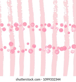 Pink glitter confetti with dots on white stripes. Shiny random falling sequins with sparkles. Design with pink glitter confetti for party invitation, banner, greeting card, bridal shower.