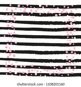 Pink glitter confetti with dots on black stripes. Shiny falling sequins with shimmer and sparkles. Design with pink glitter confetti for party invitation, bridal shower and save the date invite.
