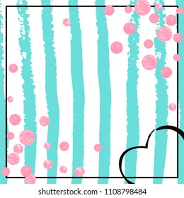 Pink glitter confetti with dots on turquoise stripes. Random falling sequins with metallic shimmer. Design with pink glitter confetti for party invitation, bridal shower and save the date invite.