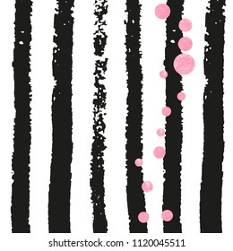Pink glitter confetti with dots on black stripes. Falling sequins with metallic shimmer. Template with pink glitter confetti for party invitation, event banner, flyer, birthday card.