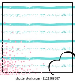 Pink glitter confetti with dots on turquoise stripes. Random falling sequins with metallic shimmer. Template with pink glitter confetti for party invitation, bridal shower and save the date invite.