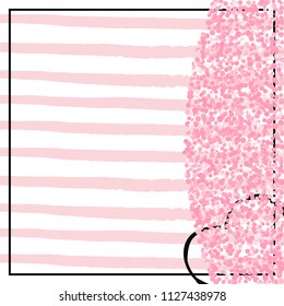 Pink glitter confetti with dots on white stripes. Falling sequins with metallic shimmer. Design with pink glitter confetti for party invitation, event banner, flyer, birthday card.