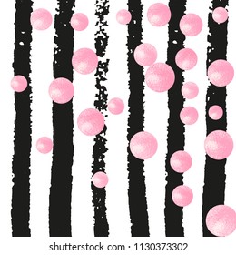 Pink glitter confetti with dots on black stripes. Random falling sequins with metallic shimmer. Design with pink glitter confetti for party invitation, event banner, flyer, birthday card.