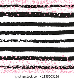 Pink glitter confetti with dots on black stripes. Shiny random sequins with metallic sparkles. Design with pink glitter confetti for party invitation, bridal shower and save the date invite.