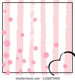 Pink glitter confetti with dots on white stripes. Random falling sequins with metallic shimmer. Design with pink glitter confetti for party invitation, event banner, flyer, birthday card.