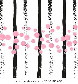 Pink glitter confetti with dots on black stripes. Random falling sequins with glossy sparkles. Design with pink glitter confetti for party invitation, event banner, flyer, birthday card.