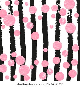 Pink glitter confetti with dots on black stripes. Random falling sequins with glossy sparkles. Design with pink glitter confetti for greeting card, bridal shower and save the date invite.