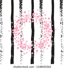 Pink glitter confetti with dots on black stripes. Shiny random sequins with metallic sparkles. Template with pink glitter confetti for party invitation, banner, greeting card, bridal shower.