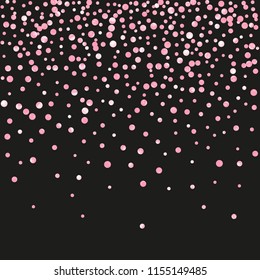 Pink glitter confetti with dots on isolated backdrop. Random falling sequins with metallic shimmer. Template with pink glitter confetti for party invitation, bridal shower and save the date invite.