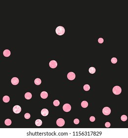 Pink glitter confetti with dots on isolated backdrop. Falling sequins with shimmer and sparkles. Design with pink glitter confetti for party invitation, banner, greeting card, bridal shower.